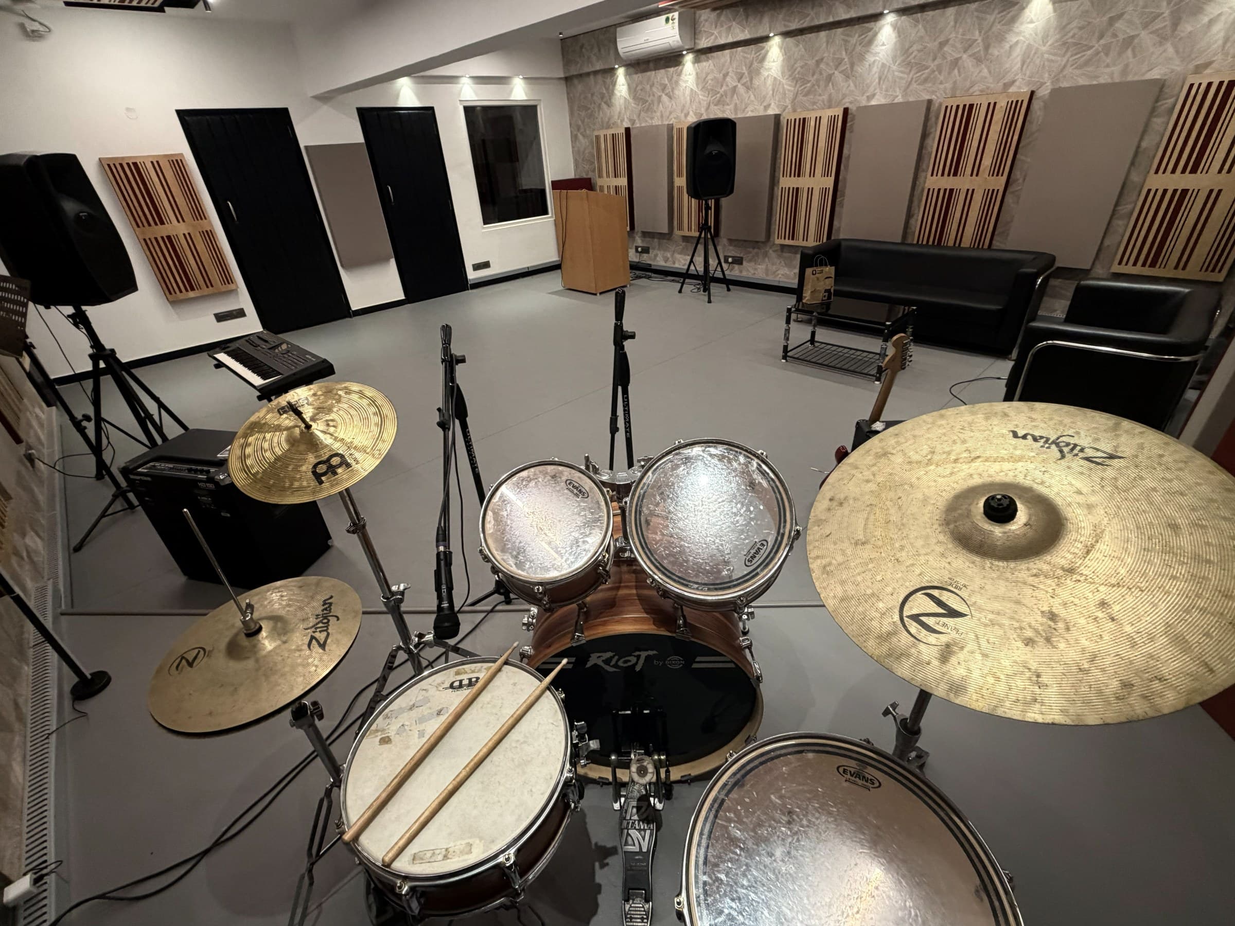 Drum kit from above with Zildjian cymbals